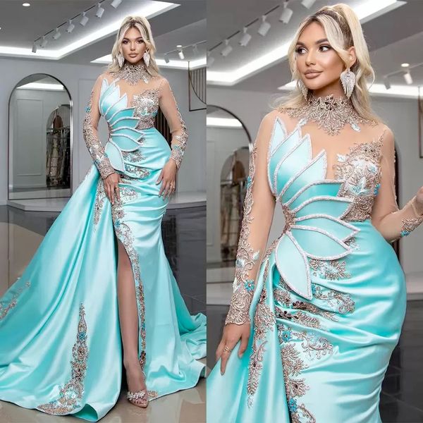 

glamorous lake blue evening dresses high illusion long sleeves prom dresses rhinestones side split long celebrity women formal party pageant, Black;red