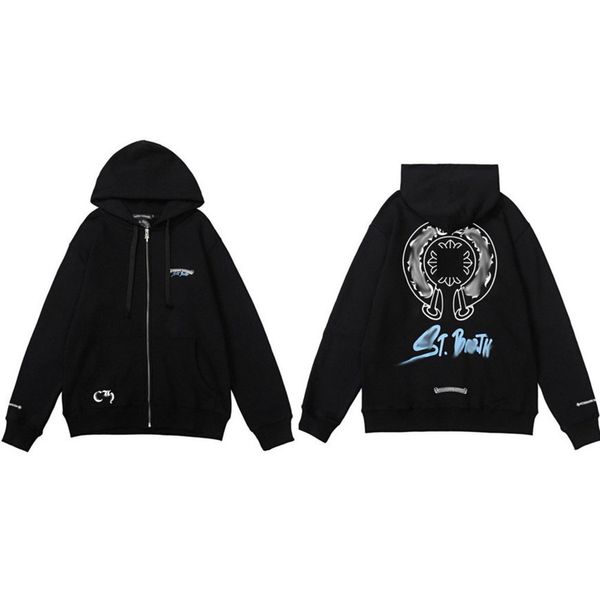 

men's classic luxury sweatshirts ch fashion hoodies men woman designer horseshoe sanskrit cross pullover hooded zipper sweater loose ja, Black