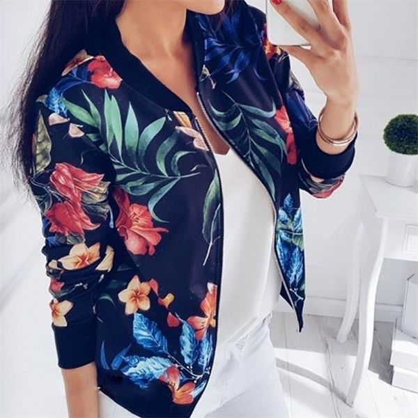 

womens jackets women floral jackets spring summer long sleeve zipper print bomber jacket casual slim pocket female fashion plus size outwear, Black;brown