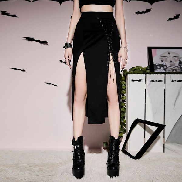 

skirts women goth lacing with a high slit doesn't fit into a skirt, Black