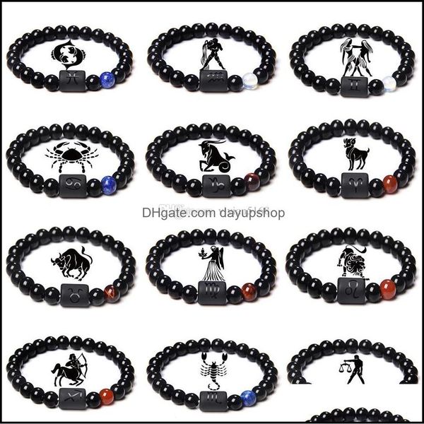 

beaded strands 12 constellation zodiac bracelets signs beads strands couples bracelet natural black onyx stone elastic charm for wom dhbs9