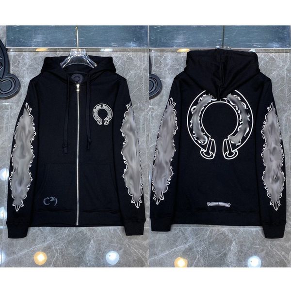 

classic luxury men's sweatshirts ch designer hoodie fashion men women horseshoe sanskrit loose zipper jacket pullover hooded coat swea, Black