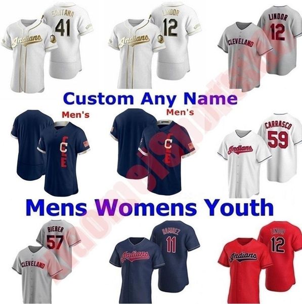 

college wear cleveland men women kids youth 2021 all-star game baseball jerseys francisco lindor indians jose ramirez roberto perez shane bi, Black