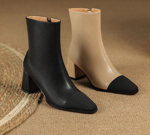 

new autumn boots winter genuine leather new autumn and winter square toe thick heel zipper fashion boots mid-heel color matching stretch boo, Black
