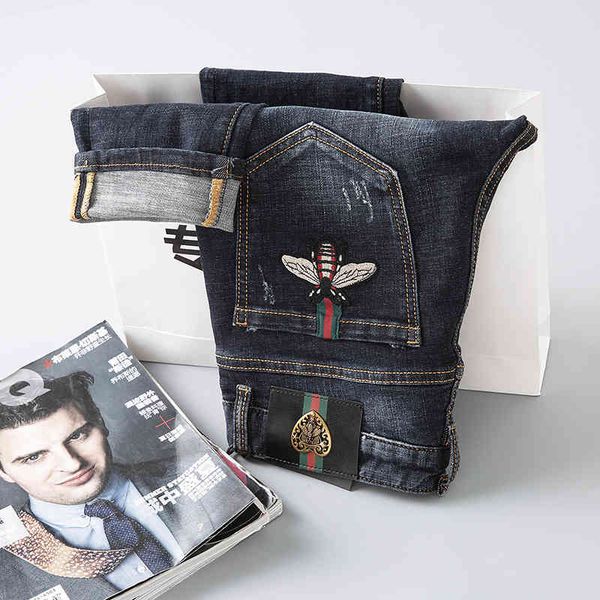 

men's jeans summer stretch men's jeans fashion brand embroidered holes pants slim fit feet 6pir, Blue