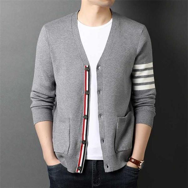 

luxury tb fashion brand thom sweaters men slim fit v-neck striped cardigans clothing cotton casual coat england style 2110212952, White;black