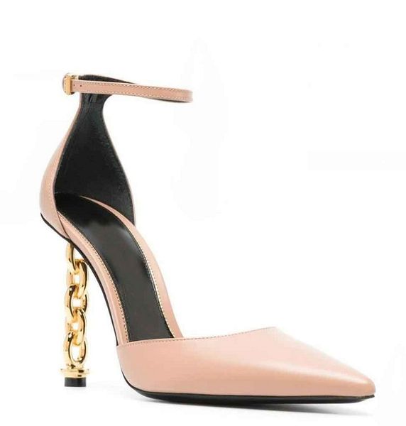 

summer luxury padlock sandals & slingback women tomfords pointed nude leather pumps gold-tone chain heel pointed toe lady sandalias eu35-43, Black