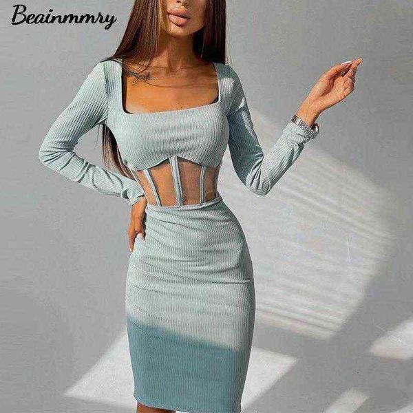 

casual dresses women square collar mesh splicing high waist bodycon dress female long sleeve hollow out slim midi dress club party dress t22, Black;gray