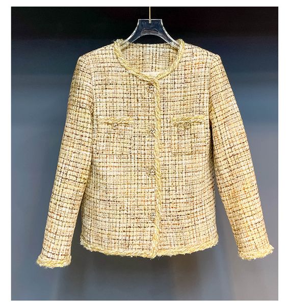 

2022 autumn round neck tweed panelled jacket yellow solid color long sleeve single-breasted pockets jackets coat short outwear 22g186322, Black;brown