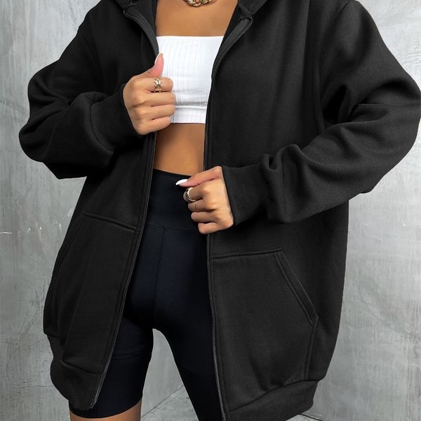 

womens hoodies sweatshirts zip up oversize hoodies thermal y2k women clothes solid drop shoulder lady casual plain sweatshirts fashion long, Black