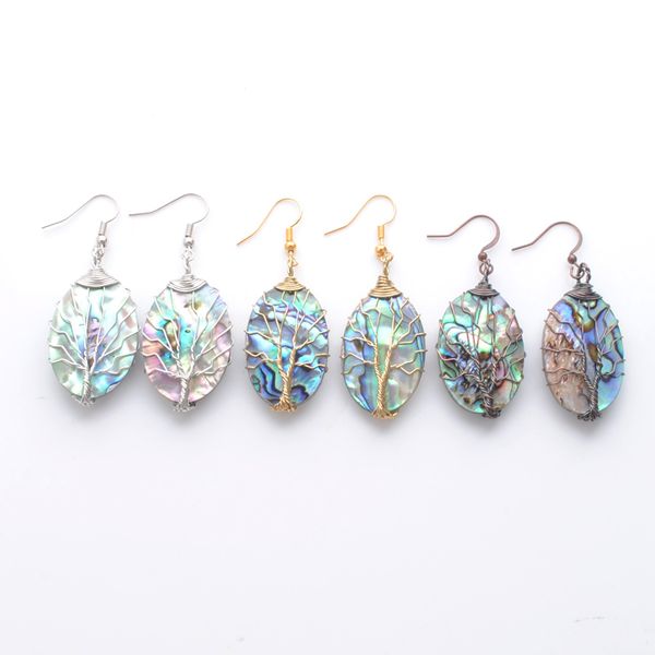 

elegant dangle earrings for women jewelry gifts tree of life oval bronze gold silver wrap wire abalone shell earring br349