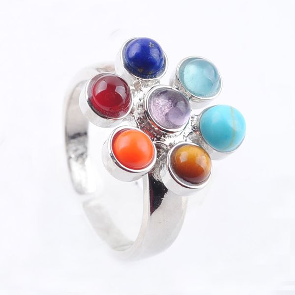 

7 chakra reiki adjustable ring energy healing point natural stone beads rainbow flower women finger rings jewelry x3008, Golden;silver