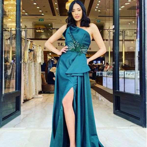 

elegant green evening dress for women strapless satin beading side split celebrity party formal prom dresses vestidos de gala, Black