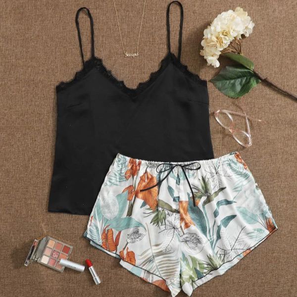 

women satin pajamas sleepwear nightgown print flower two pieces cami amp shorts, Black;red