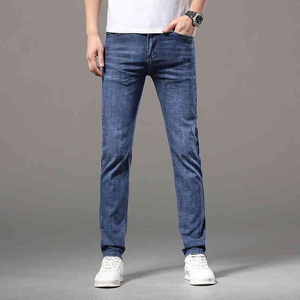 

men's jeans men's summer thin elastic slim fitting small leg straight tube high-end fashion brand long pants 57fx, Blue