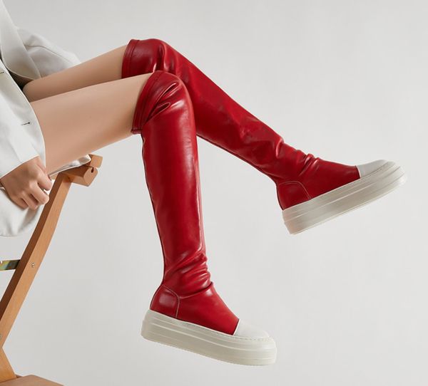

candy colored boots ro thick soled goddess boots leather cavalry handsome women's knee high fashion, Black