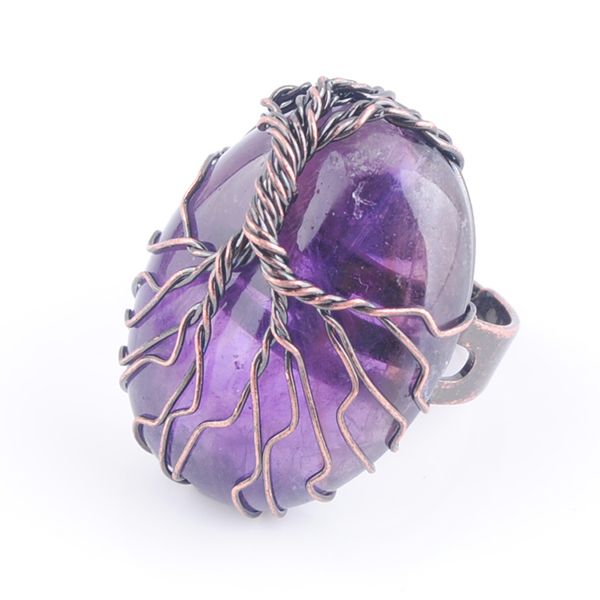 

natural stone amethysts bead antique rings for women finger jewelry wire wrapped tree of life adjustable ring x3053, Golden;silver