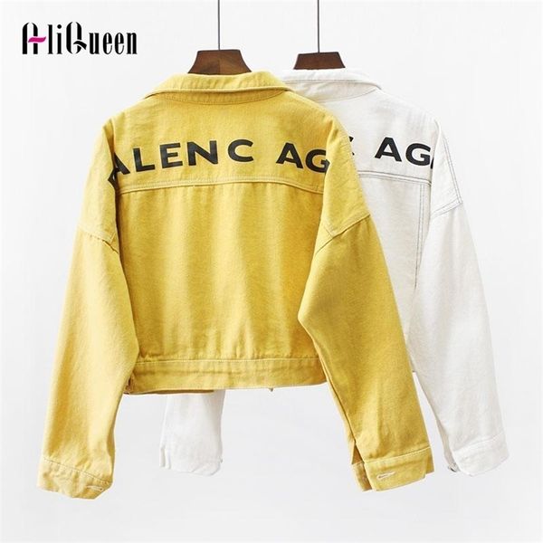 

womens jackets korean coats women white causal letters short jeans jacket black loose woman denim jacket streetwear autumn jeans coats 2209, Black;brown