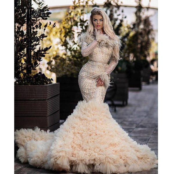 

new design feathers mermaid prom dresses beaded off shoulder party dresses tiered ruffles custom made evening dress, Black;red