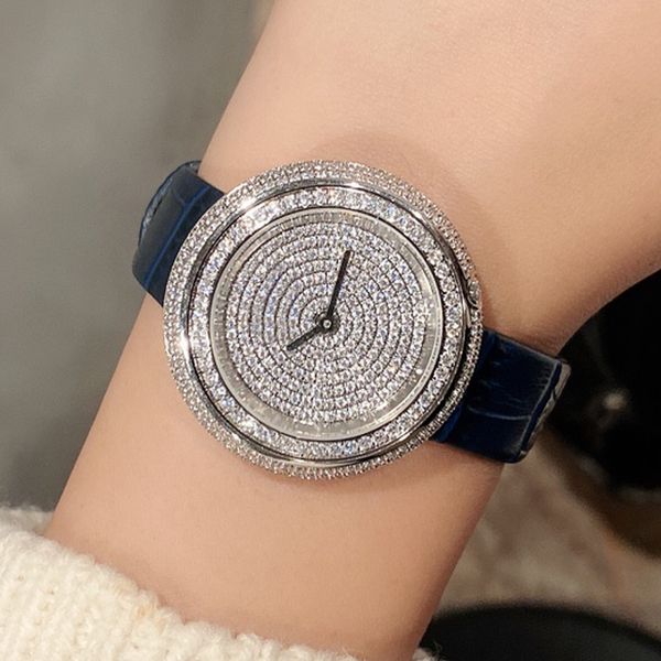 

9 styles silver full diamonds womens watch blue leather strap nice designer iced out watches quartz movement waterproof wristwatches, Slivery;brown