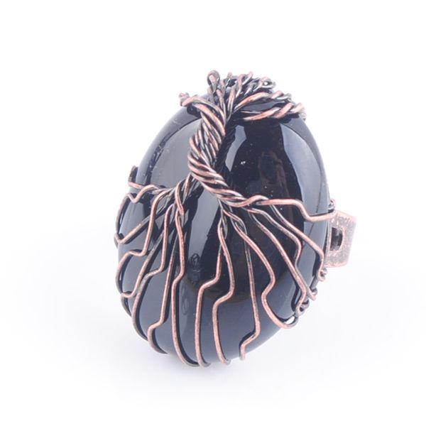 

natural stone black onyx bead antique rings for women finger jewelry wire wrapped tree of life adjustable ring x3059, Golden;silver