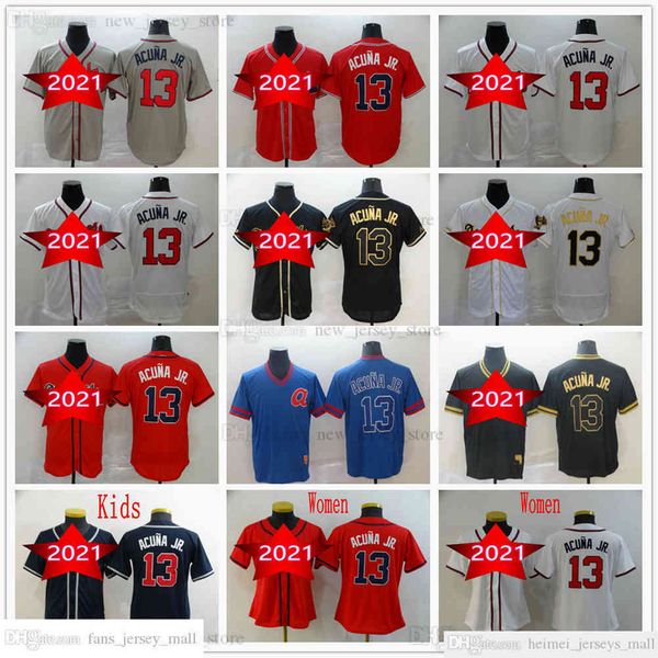 

man women youth kids stitched baseball 13 ronald acuna jr. jerseys grey black gold white red dark blue jersey