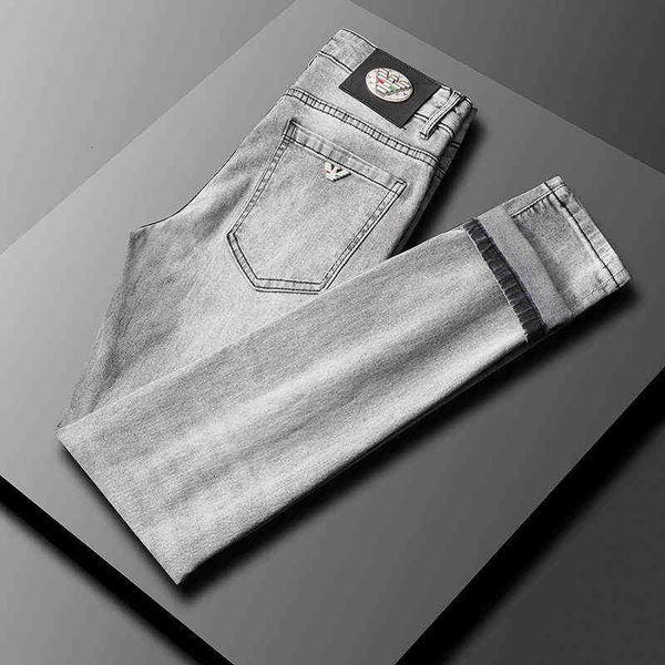 

and spring summer grey jeans men's fashion slim fit small foot elastic medium waist trousers, Blue