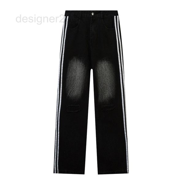 

men's jeans designer street holes washed and used middle waist trousers white stripe jeans men's super cw0r, Blue