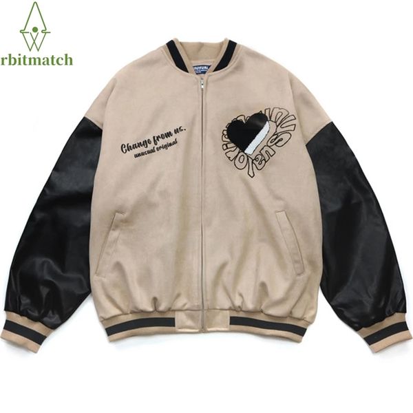 

mens jackets bomber jacket men heart letter embroidery hip hop patchwork leather harajuku varsity jacket winter oversize baseball coat 22090, Black;brown