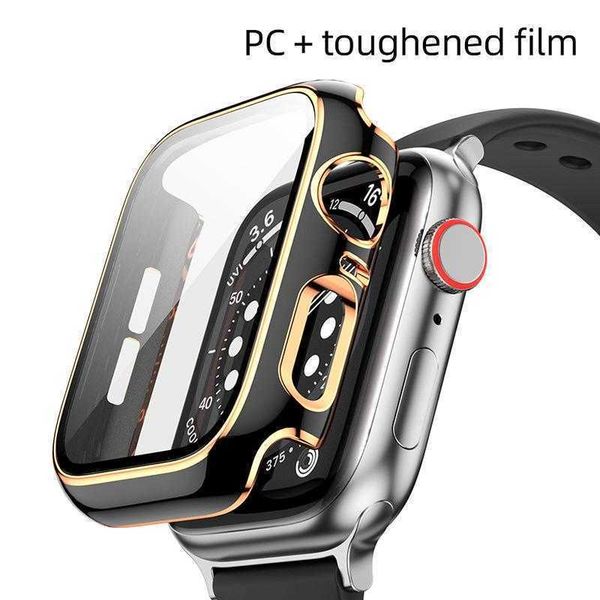 

tempered glass with pc cover watch band for apple watch 7 6 se 45 mm 41mm 44mm 40mm 42mm 38mm all-around screen protector case for iwatch se, Black;brown