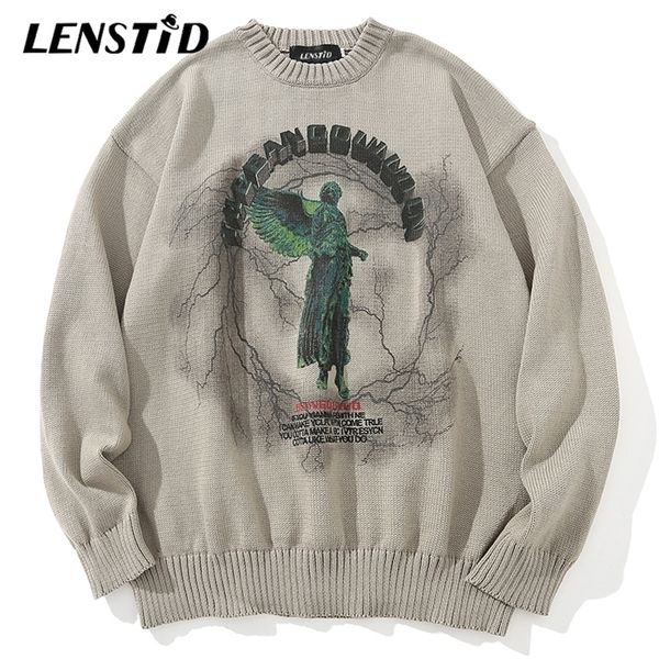 

mens sweaters lenstid men hip hop knitted jumper sweaters angel lightning printed streetwear harajuku autumn oversize hipster casual pullove, White;black