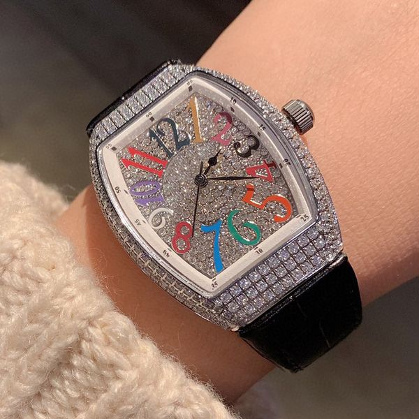 

silver iced out watch rainbow numerals 32mm&36mm cz stones mens womens zirconia diamonds watches black leather strap quartz movement luxury, Slivery;brown