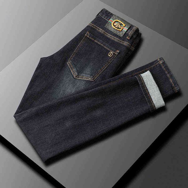 

and autumn winter stretch men's dark blue jeans fashion brand small bee slim fit foot