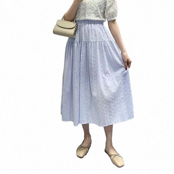 

skirts summer elegant floral embroidery midi long skirt women aesthetic cotton a line high waist mid-length female skirts 67iq#, Black