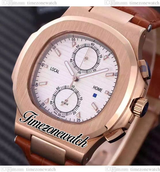 

nautilus 5900 6s quartz chronograph mens watch 5990/1a white texture dial rose gold case satch brown leather strap sport new watches twpp ti, Slivery;brown