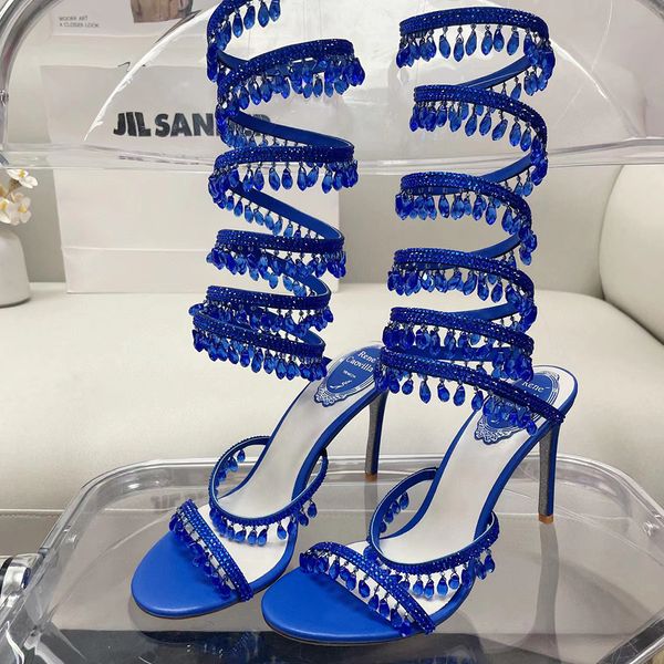 

rene caovilla embellished crystal sandals rhinestones wraparound over knee-high tall strass stiletto heels evening shoes women high heeled n, Black