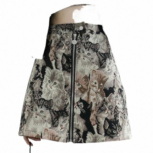 

skirts skirts elegant vintage ladies cat printed mini a-line women embroidery pencil high waist skirt mujer zipper 470i#, Black