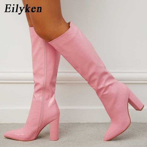 

boots eilyken autumn women high heel serpentine designer chunky shoes zipper long the knee botas mujer 220902, Black