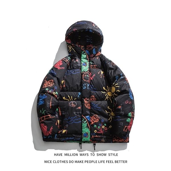 

womens down parkas winter jacket man thick warm graphic hoodied wadded jacket women coat bomber men streetwear varsity causual couple 220902, Black