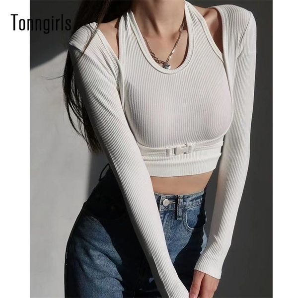 

womens tshirt tonngirls vintage khaki women t shirt fashion front buckle cropped tshirt slim y2k long sleeve women tee autumn 220902, White