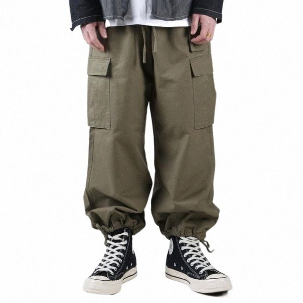 

men's pants men's pants amekaji solid color multi-pocket cargo mens safari style work elastic waist baggy wide leg military trouse, Black