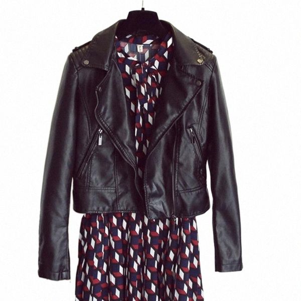 

women's leather & faux leather women's leather & faux ftlzz women pu biker jacket short slim vintage punk fashion motorcycle coat, Black