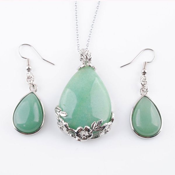 

classic love gift summer beach jewelry set teardrop natural aventurine stone pendants necklace hook dangle drop earring q3072, Silver