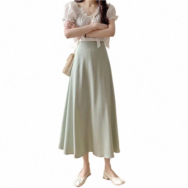 

skirts skirts summer silk midi womens korean england style satin office lady simple solid elegant faldas mujer moda long w0ui#, Black