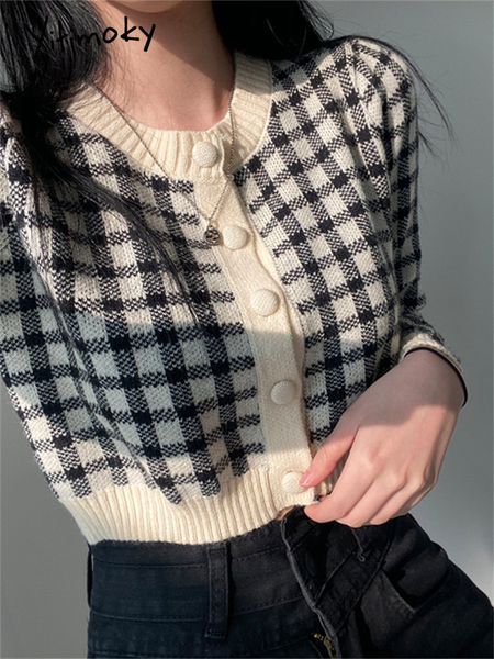 

yitimoky plaid cropped sweater women fall winter 2022 korean fashion female cardigan elegant ladies chic vintage jacket, White;black