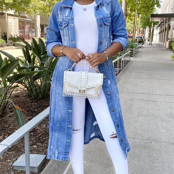 

women's jackets autumn women ripped denim vintage casual long jean jacket winter female sleeve coat streetwear 220901, Black;brown