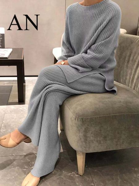 

women's two piece pants long sleeve solid color knitted casual two-piece sweater thick sweaters winter clothes women 220902, White