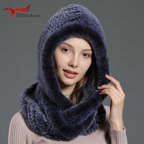 

2021 fur hat ladies knitted scarf 100% real rex rabbit fur hooded scarf winter warm natural novel wool hat large female fur hat g0923196n, Blue;gray