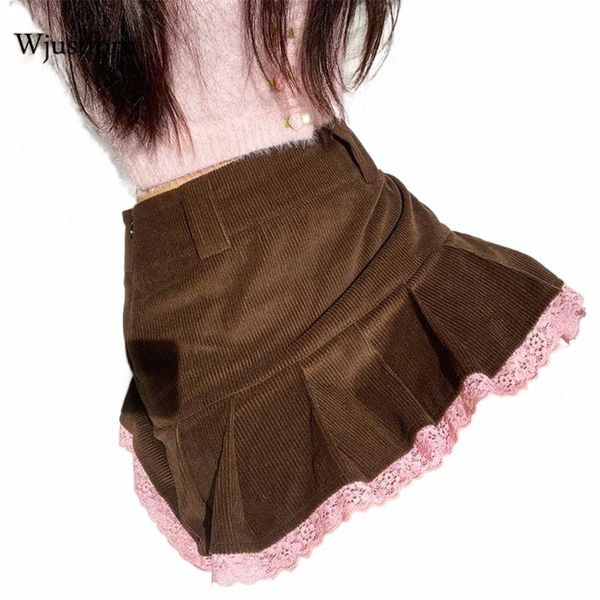 

skirts skirts wjustforu vintage sweet corduroy mini skirt women winter harajuku pleated lace patched short fashion females 2022 s4oh#, Black
