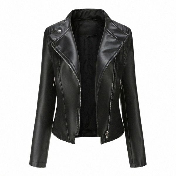 

women's leather & faux leather women's leather & faux chic black soft jacket coat women casual turn-down collar single breasted pu
